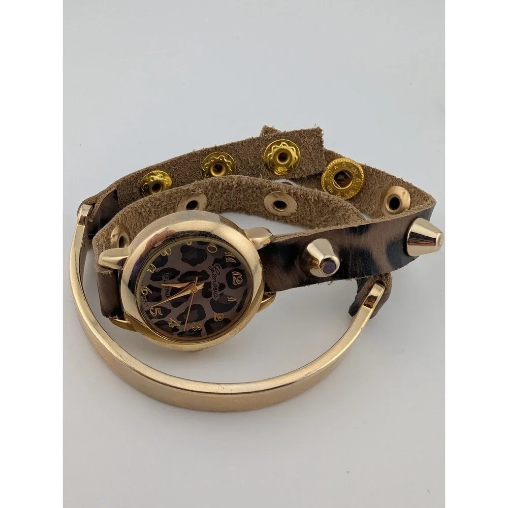 Geneva Platinum Leopard Wrap Watch Studded Band 26mm Case- New Battery‎